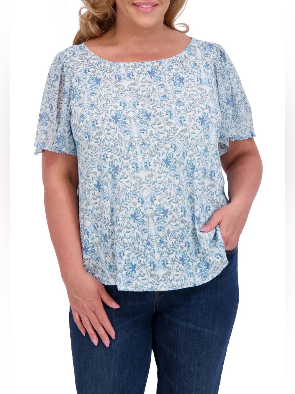 Lucky Brand Light Blue Floral Scoop Neck Tunic